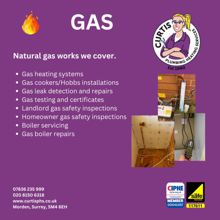 A promotional graphic listing gas services and safety inspections offered by a business.